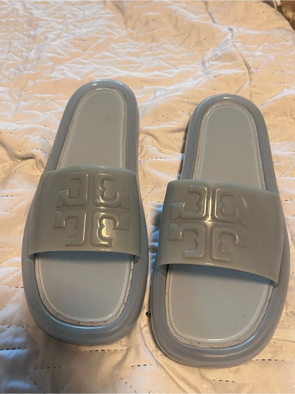 Tory Burch Light Gray Logo Slide Sandals